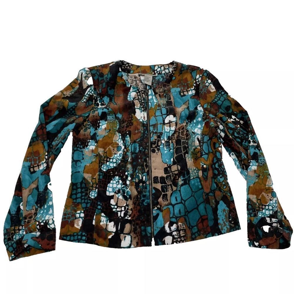 REQUIREMENTS Zip Corduroy Jacket Womens L Teal Brown Western Abstract VTG